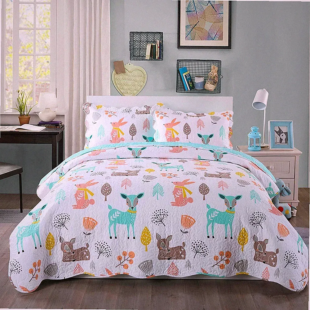 100% Cotton Kids Bedspread Quilts Set for Boys Girls Bedding, Forest Deer Full
