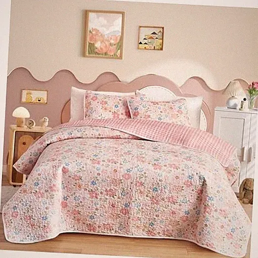 2 Pieces Cotton Quilt Set for Girls, Twin Size Twin-68"x86" Pink Flowers