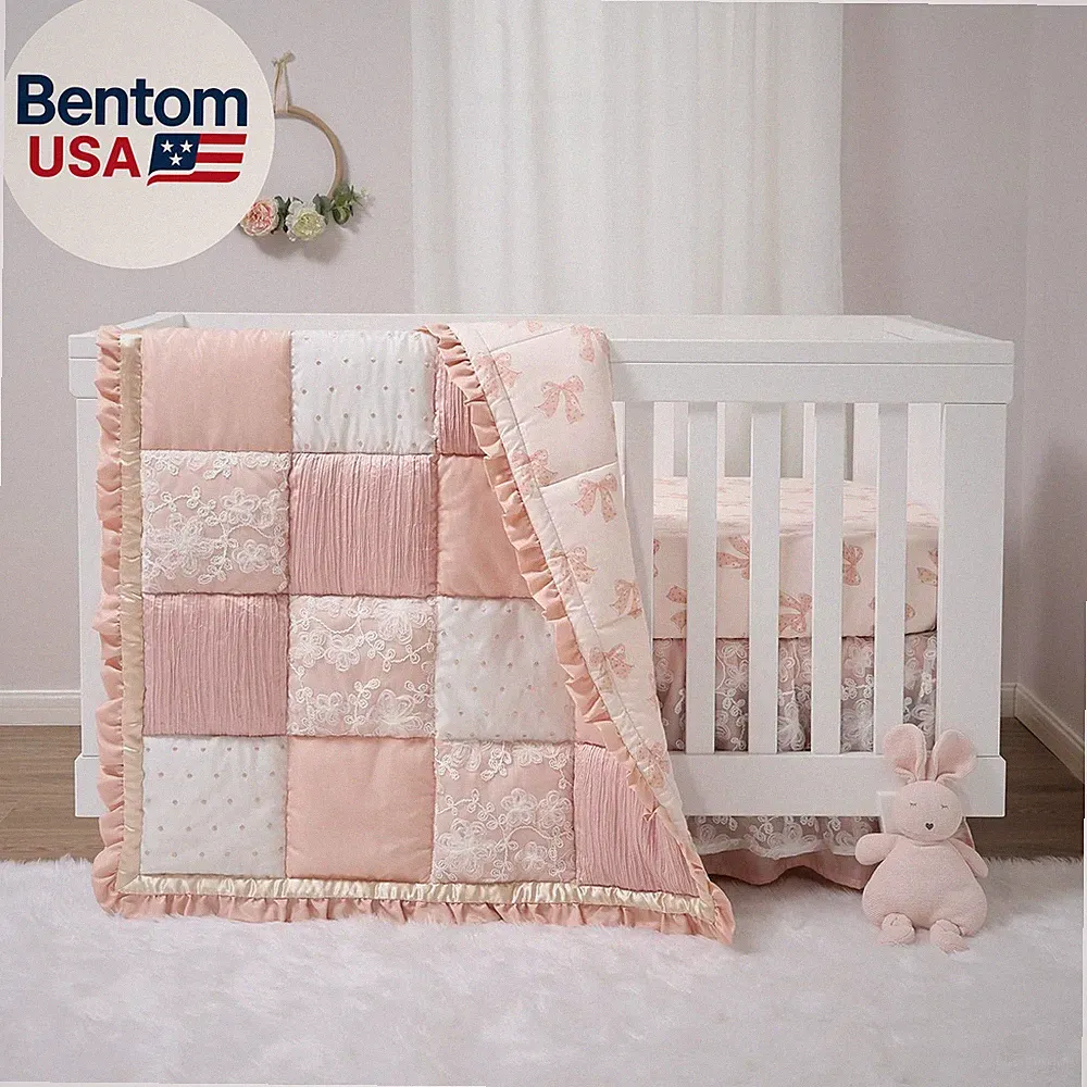 3 Piece Baby Crib Bedding Set for Girls - Cotton Fitted Crib Sheet, Layered Dust