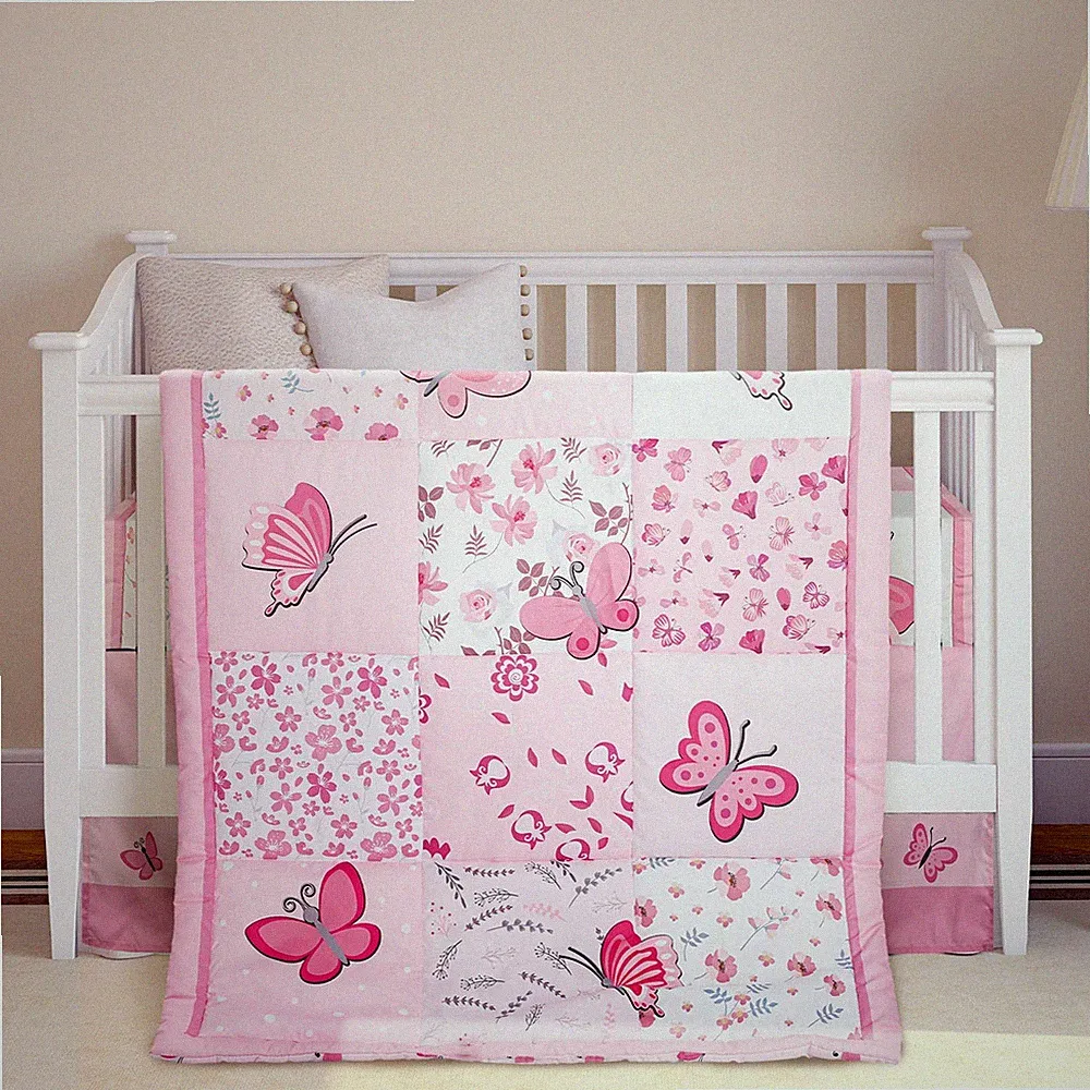 3 Pieces Butterfly Nursery Crib Bedding Set for Girls, Standard Size Bedding...