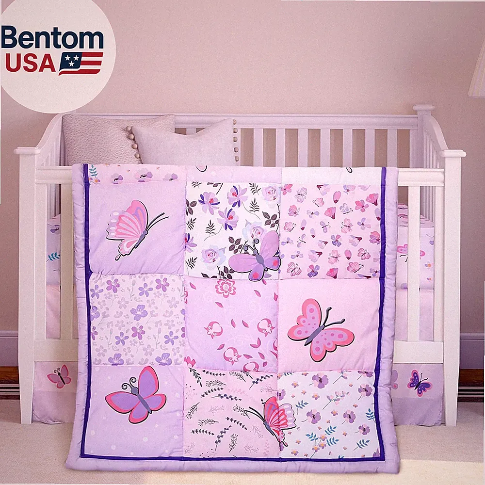 3 Pieces Butterfly Nursery Crib Bedding Set for Girls, Standard Size Bedding Set