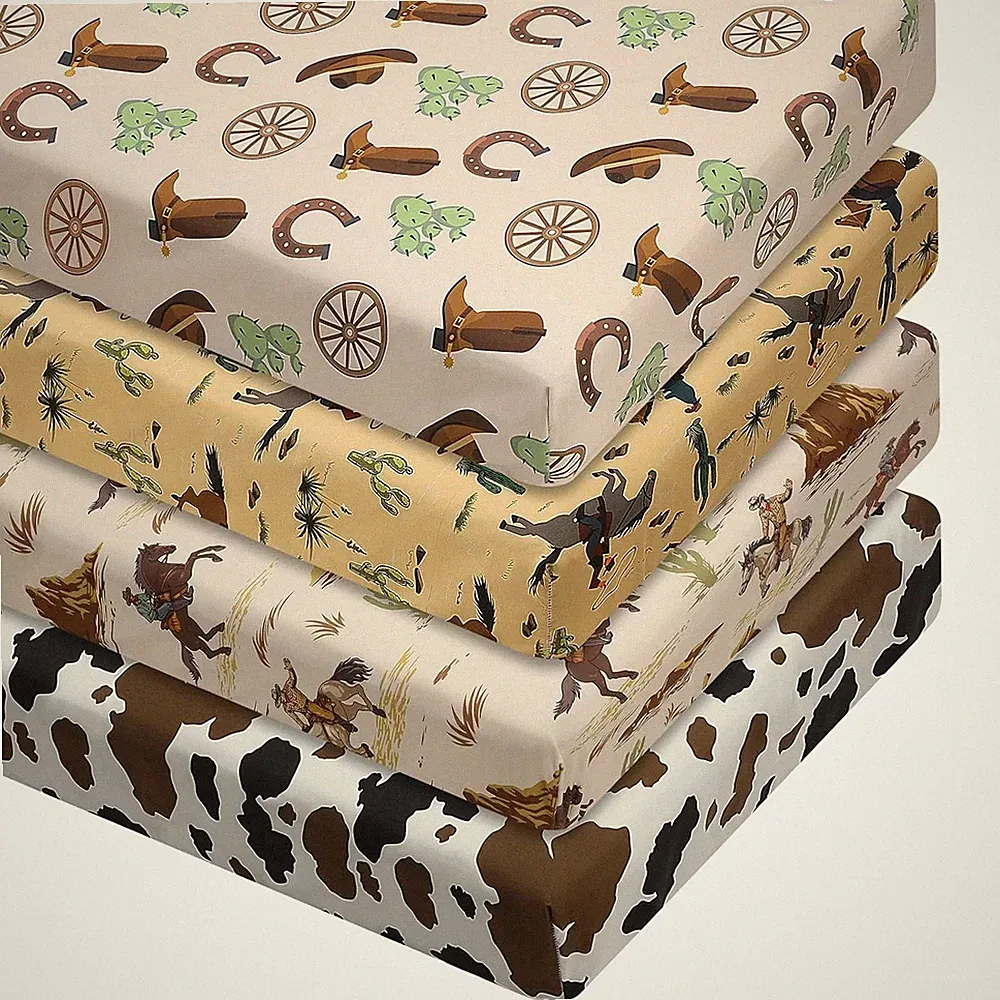 4 Pcs Western Cowboy Crib Sheet Set Newborn Bedding Nursery Baby Sheets for Girl