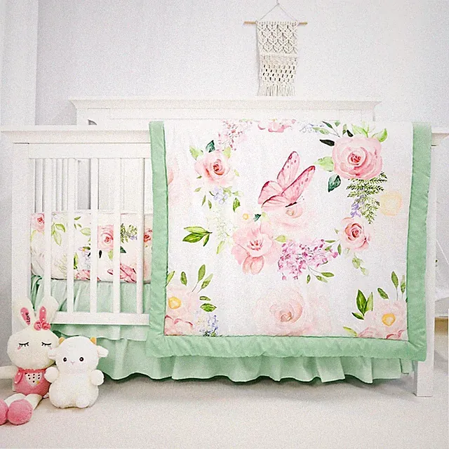 4 Piece Crib Bedding Set for Girls, Baby Girl Crib Bedding Set Butterflies Fl...