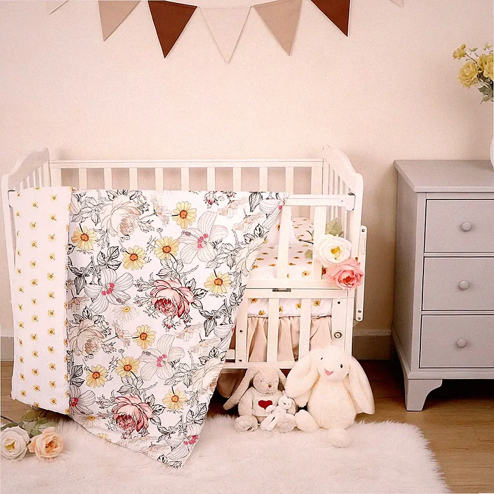 4-Piece Crib Bedding Set for Girls, Boho Baby Girl Bedding Set with Crib Skirt
