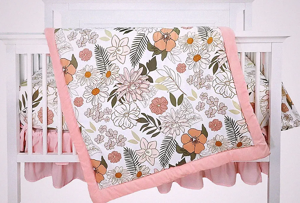 4-Piece Crib Bedding Set for Girls, Pink Baby Girl Bedding Set with Crib Skirt
