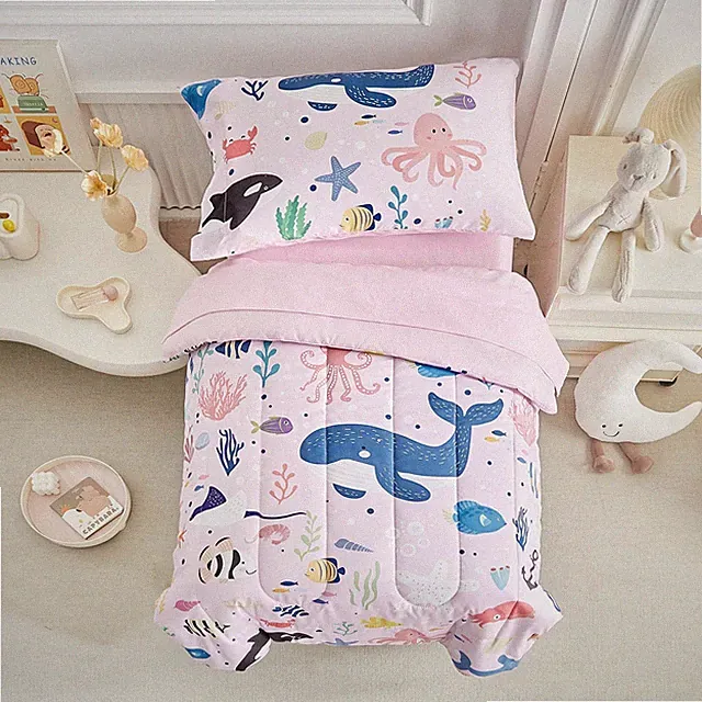 4 Piece Toddler Bedding Set for Girls Ocean Theme Pink Design Microfiber