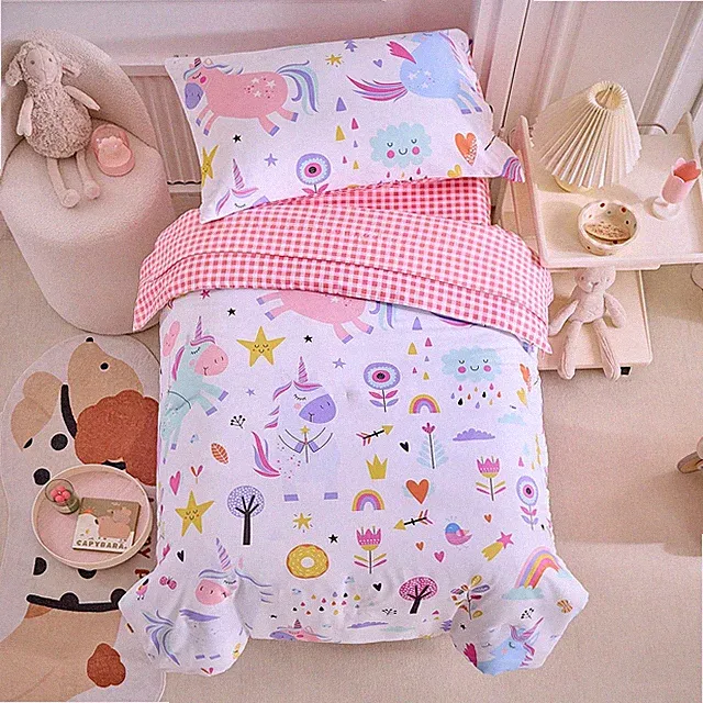 4 Piece Toddler Bedding Set for Girls- Pink Blue Colorful Unicorns Design, Mi...