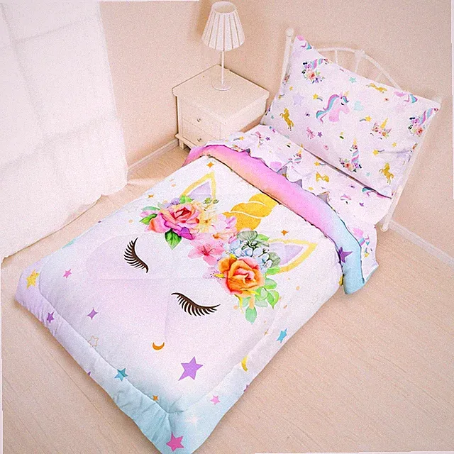 Bedding Sets for Girls, Unicorn Crib Bedding Set 4 Piece Pink Floral Comforte...