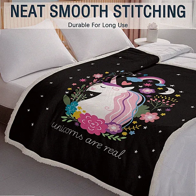 Black Unicorn Sherpa Fleece Blanket, Unicorn Gift for Girls Soft Thick Blanket