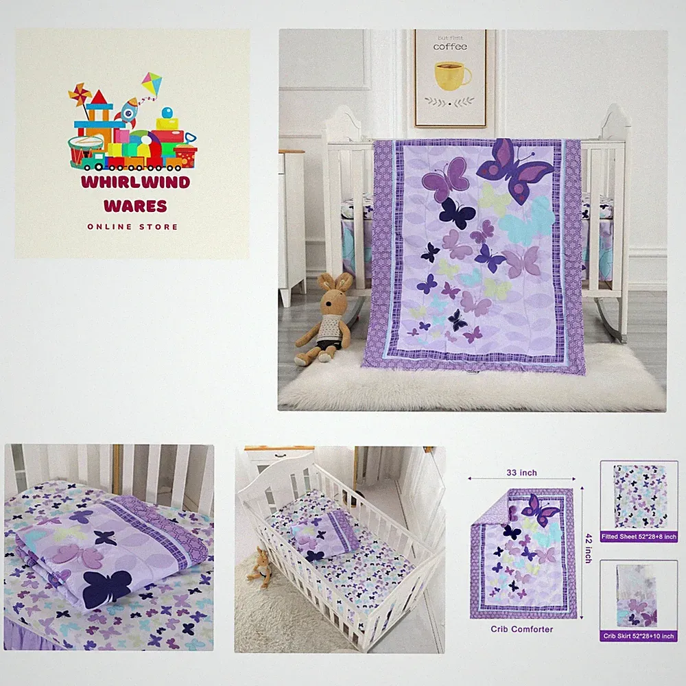 Butterfly Crib Bedding Set for Girls 3 Piece Baby Girl Bedding Sets Purple Nu...