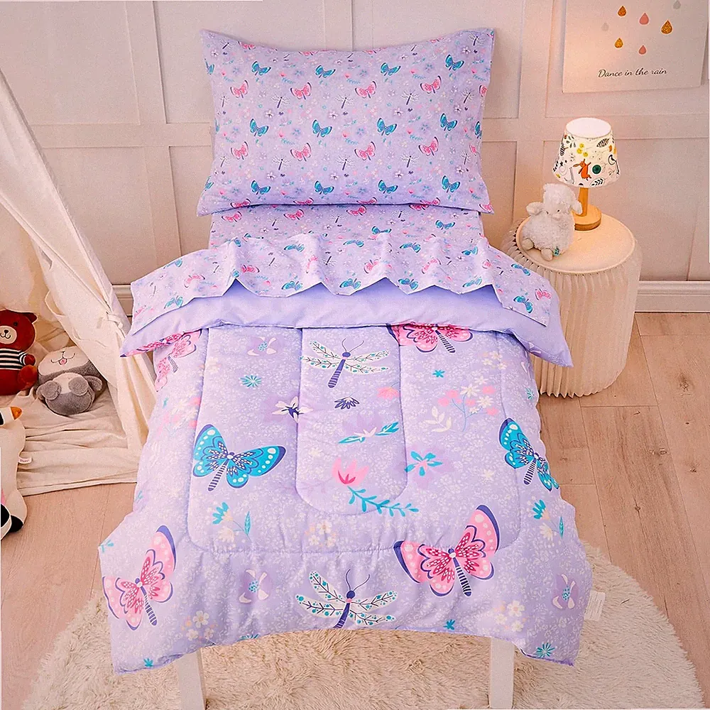 Butterfly Toddler Bedding Set for Girls, 4 Piece Bed-In-A-Bag Toddler Comforter