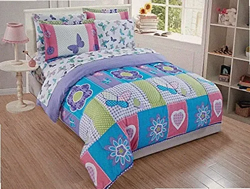 Comforter Set for Girls Butterflies Hearts Flowers Purple Turquoise Pink Twin