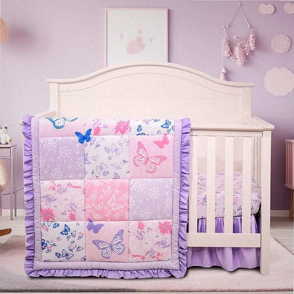 Crib Bedding Set for Girls, 3 Pieces Floral Butterfly Baby Bedding Set -Inclu...