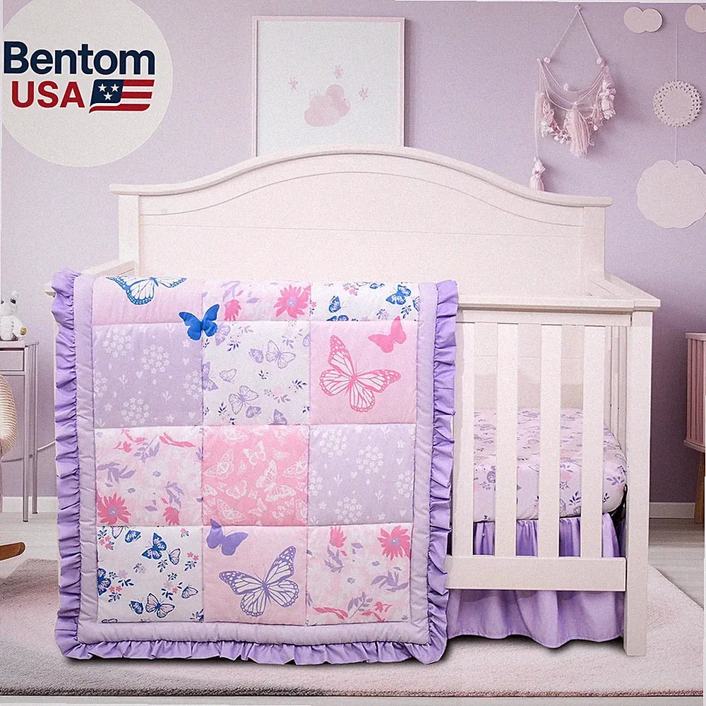 Crib Bedding Set for Girls, 3 Pieces Floral Butterfly Baby Bedding Set -Includes