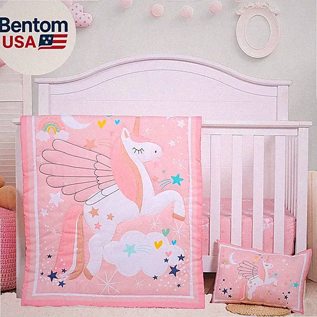Crib Bedding Set for Girls - Pink Baby Nursery Sets 3 Pieces Quilt Comforter Fit