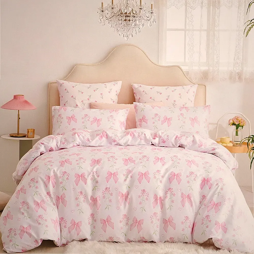 Duvet Cover Full 3Pcs Pink Floral Bow Bedding Set for Girls , Romantic Prince...