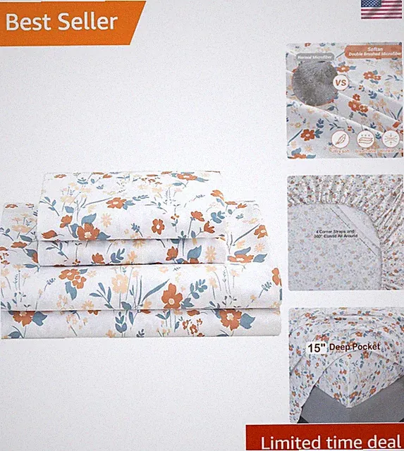 Floral Twin Size Sheet Set, Orange Flower Printed Bed Sheets for Girls, 3-Pie...