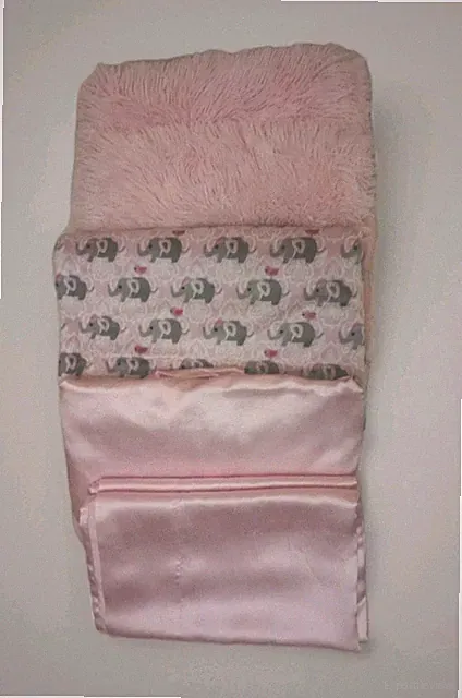 Girls Pink Twin Satin Sheets & Crib Size Elephant Blanket & Pink Furry Shams