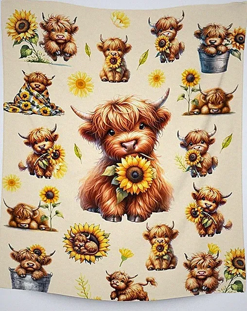 Highland Cow Flannel Blanket – Cute Sunflower Throw Gift for Girls Kids