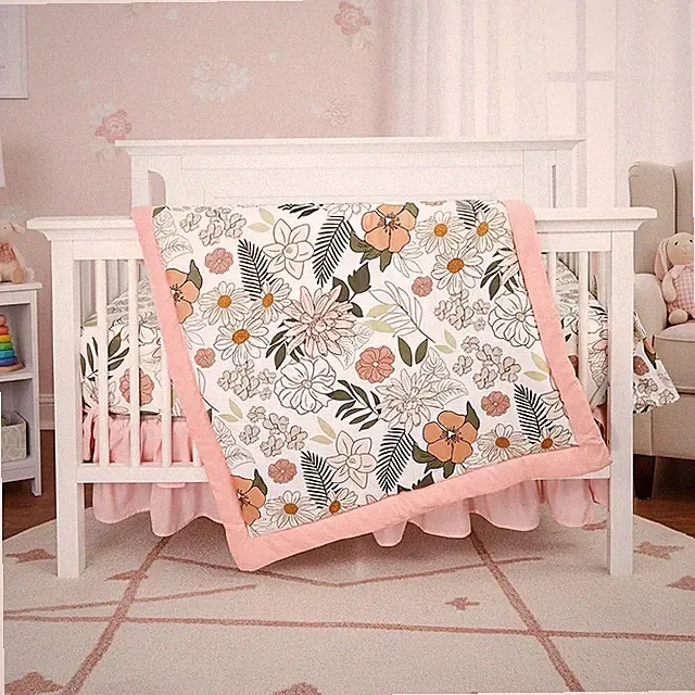 HNHUAMING 4-Piece Crib Bedding Set for Girls, Pink Baby Girl Bedding Set with...