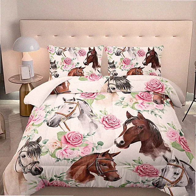 Horse and Flower Comforter Set for Girls Kids Horse and Floral 3 Piece Beddin...