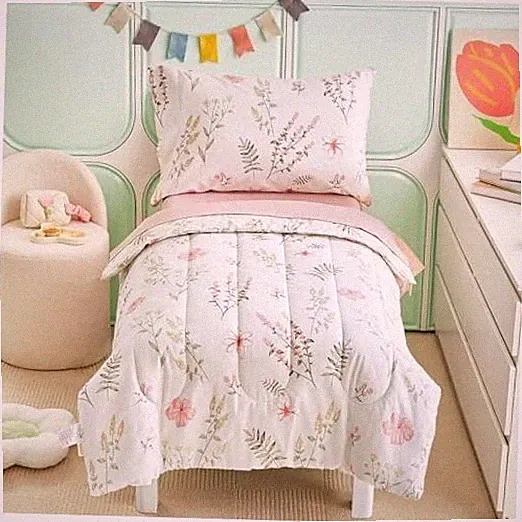 Joyreap 4 Piece Cotton Toddler Bedding Set for Girls, Pink Pink Flower 02