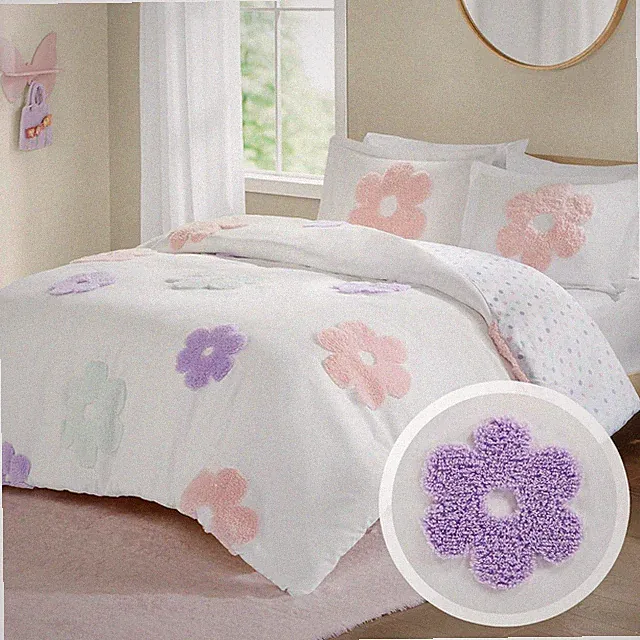 Kids Full Duvet Cover Set for Girls, Tufted Chenille Floral Duvet Set Queen, Lig