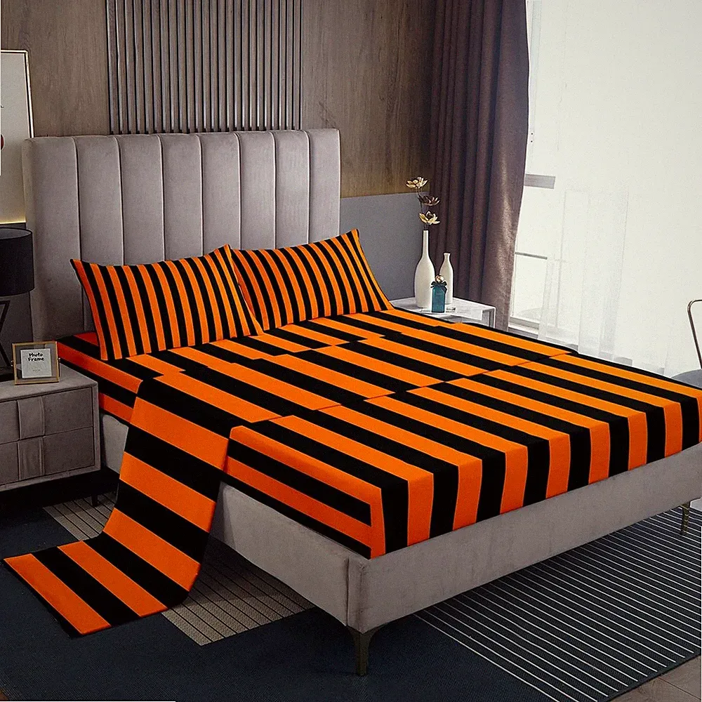 Orange Black Bedding for Boys Girls Abstract Stripes Bed Sheets Set Full Size...