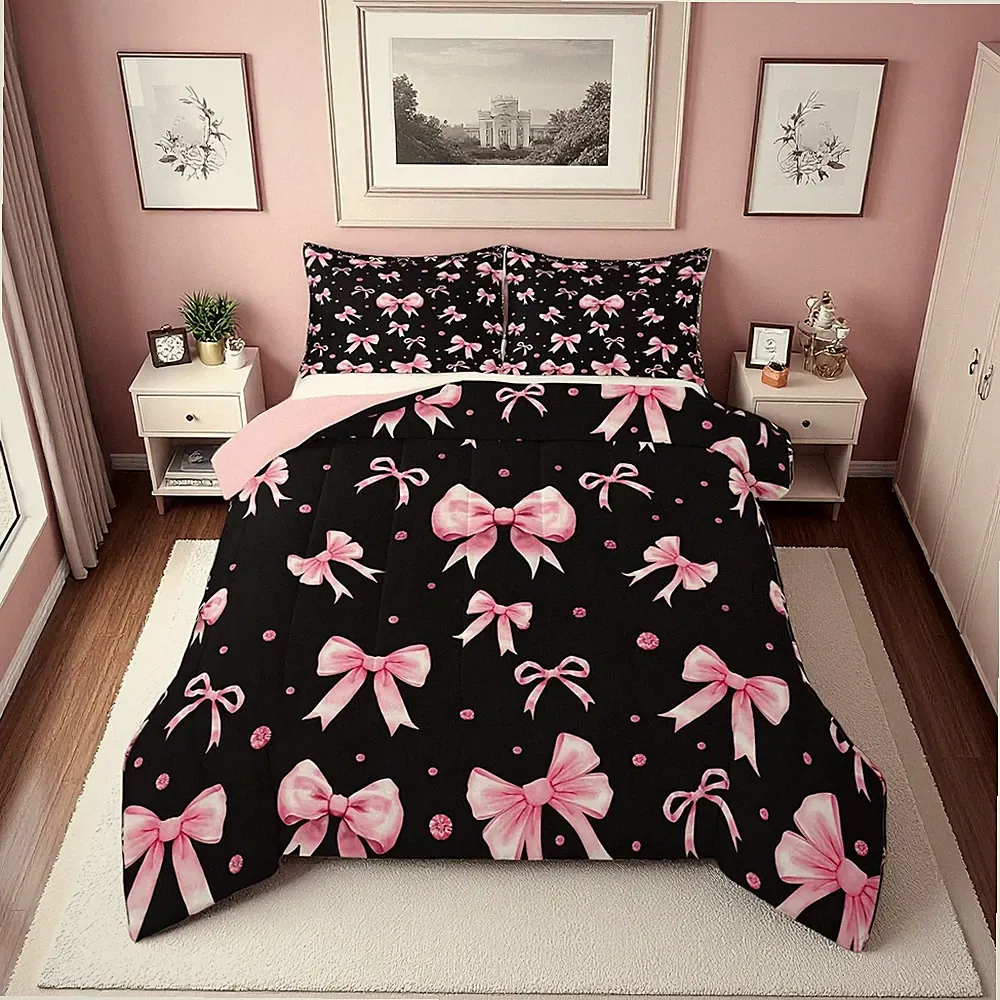 Pink & Black Bow Bedding Set | Cute Princess Comforter & Pillowcases for Girls