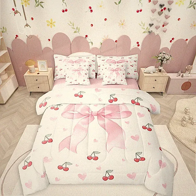 Pink Bow Cherry Bedding Set for Girls, Queen Size Comforter & Sheets