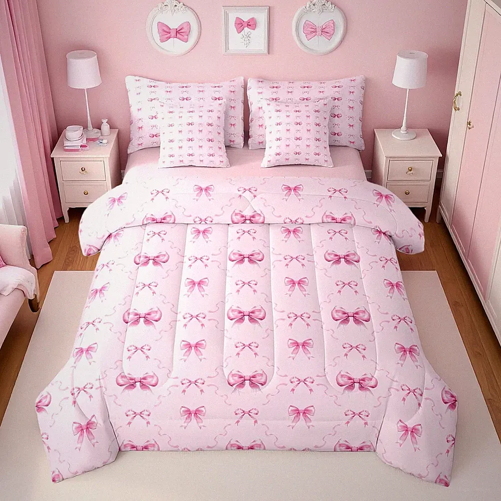 Pink Bow Tie Comforter Set with Sheets for Girls | 7-Piece Bedding Set