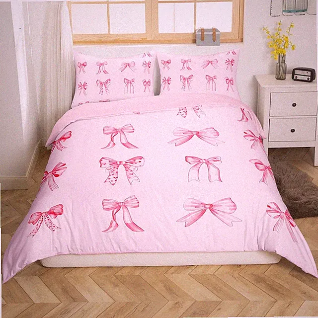 Pink Bowknots Decoration Duvet Cover Twin Size for Girls Pink Bow Dreamy Bedd...