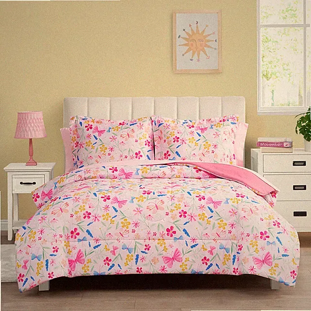 Pink Wildflower Polyester Bedding Set for Girls Bedroom Full Size - 7 piece