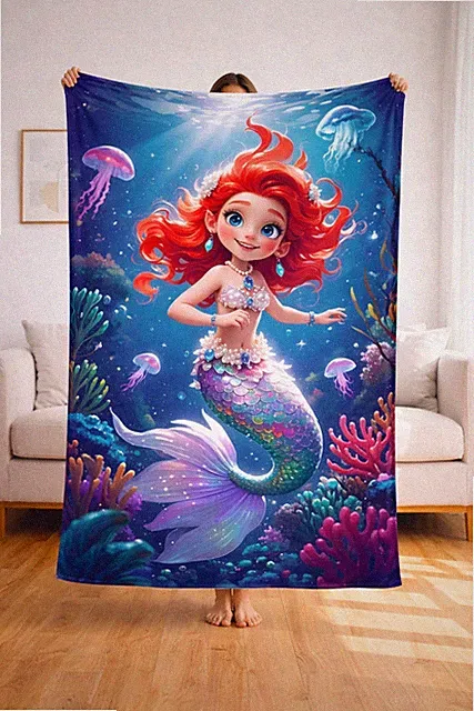 POD Designed Flannel Throw Blanket Custom Mermaid pink Purple Cozy soft for girl