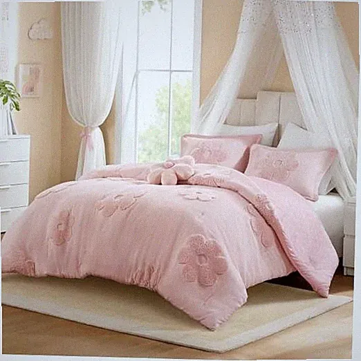 Queen Comforter Set for Girls, Tufted Chenille Floral F/Q Comforter Pink