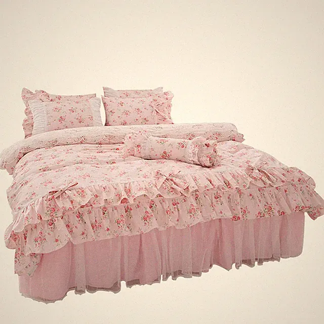 Romantic Rose Flower Print Bedding for Girls Duvet Cover Set with Bed Skirt P...