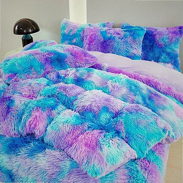 SUCSES Blue Purple Fluffy Twin Bedding Sets for Girls 3Pcs Faux Fur Plush Shaggy