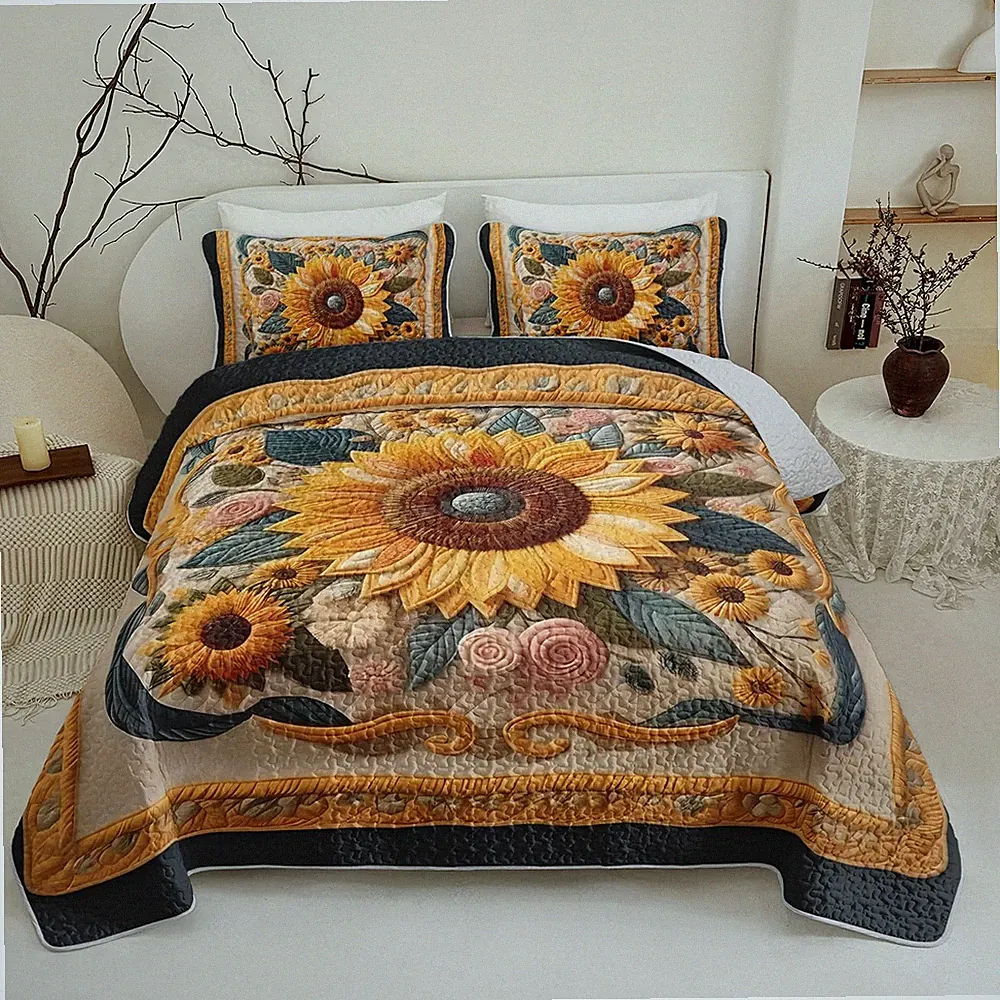 Sunflower Quilt Set Queen Size,Yellow Floral Print Quilt Bedding for Girls an...