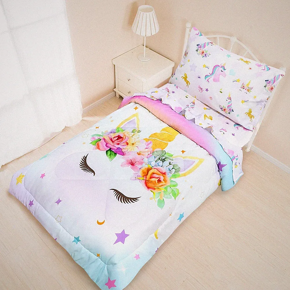 Toddler Bedding Sets for Girls, Unicorn Toddler Crib Bedding Set 4 Piece Pink...