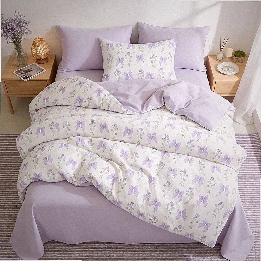 Twin Duvet Cover 100% Cotton Purple Bow Bedding Set for Girls , Cute Coquette...