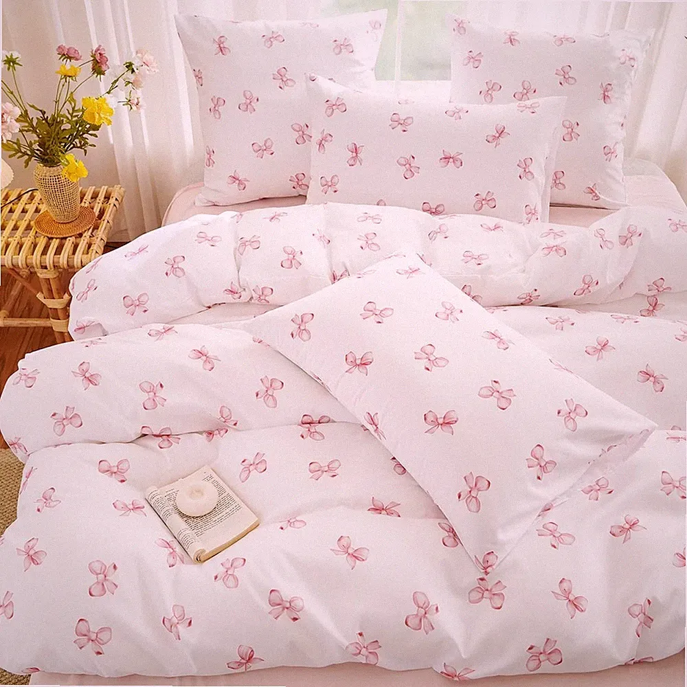 Twin Size Duvet Cover Pink Bowknot for Girls' Rooms Fresh Style Bedrooms, Com...