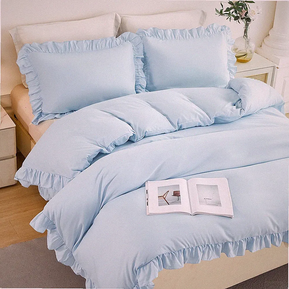 Twin Size Duvet Cover Set Light Blue Ruffle Comforter Covet Set for Girls Tee...