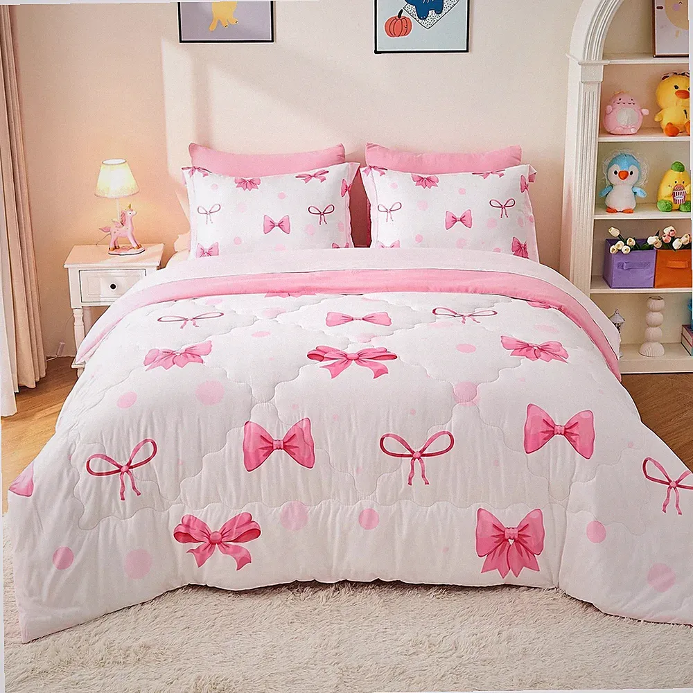 Wajade 7 Piece Pink Bow Bedding Set for Girls Kids Full Size Comforter Set wi...