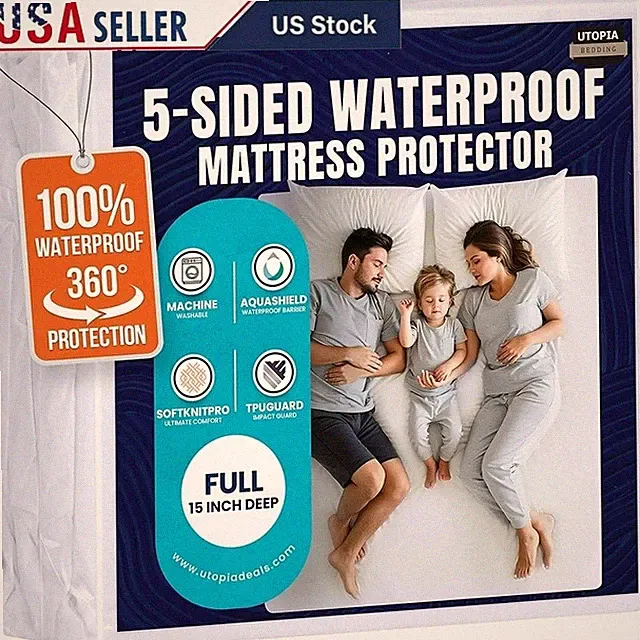 Waterproof Five-Sided Mattress Protector Soft Polyester Deep Pocket Kids Pets US