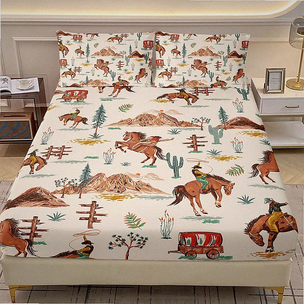 Western Cowboy Fitted Sheet Set for Boys,Girls,3Pcs American Wild West Desert...